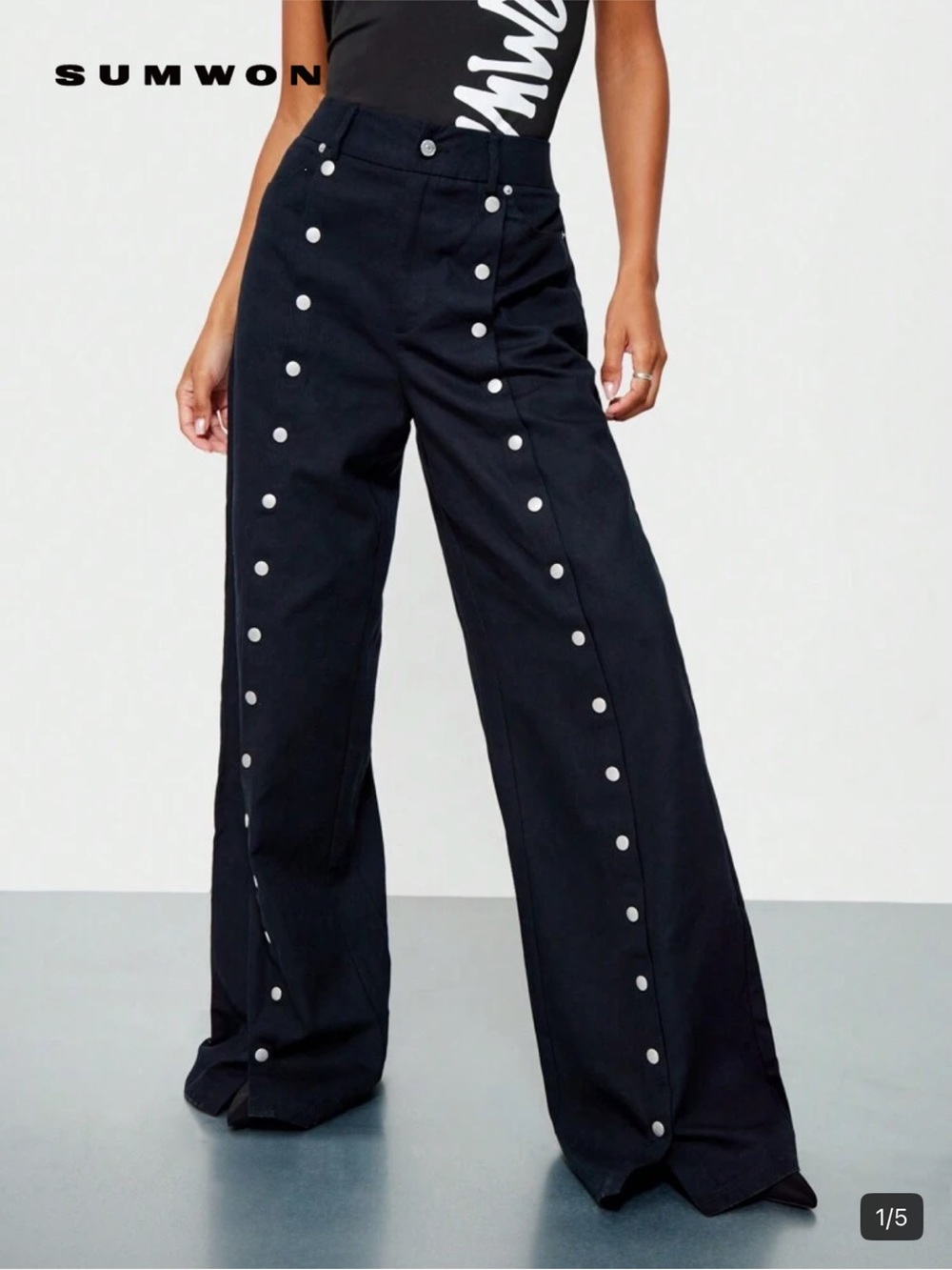 High-Rise Black Wide-Leg Pants with Front Button Detail